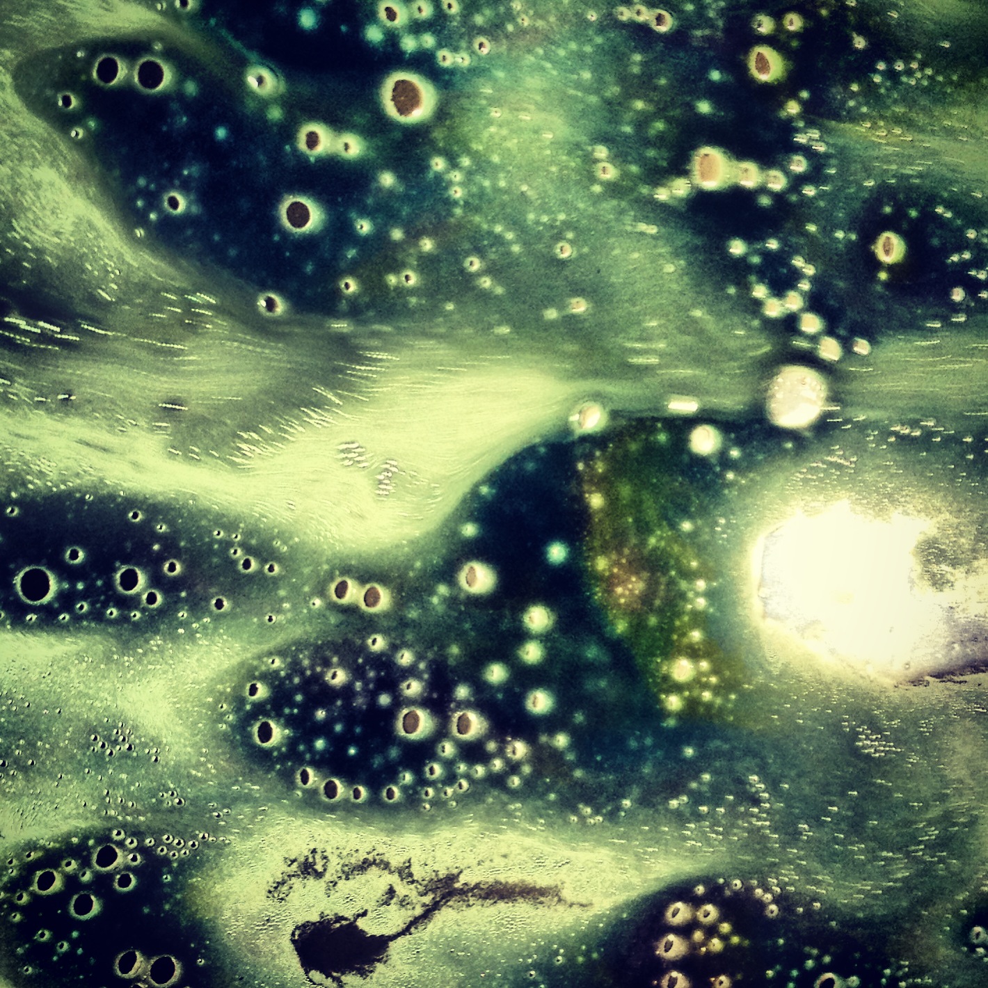 Impressionistic bubbles in light green and dark blue haze