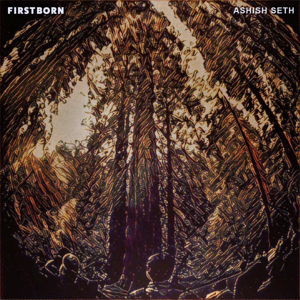 Album cover of Firstborn by Ashish Seth. Stylised art of people looking up at tall trees